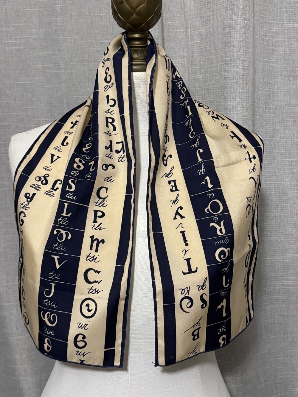 Vintage Frankie Welch Scarf-Polyester-Cream/Navy-Cherokee Alphabet Design-1967